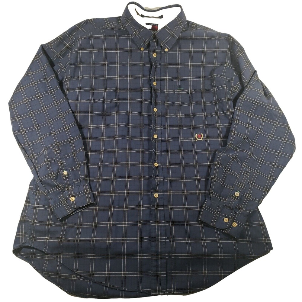 Tommy Hilfiger Mens XL Blue Plaid Button Down Shirt Long Sleeve Crest Logo